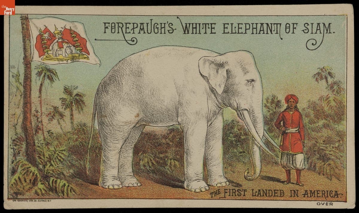 Trade Card for Adam Forepaugh & Sells Bros. Circus, "White Elephant of Siam," 1870-1890