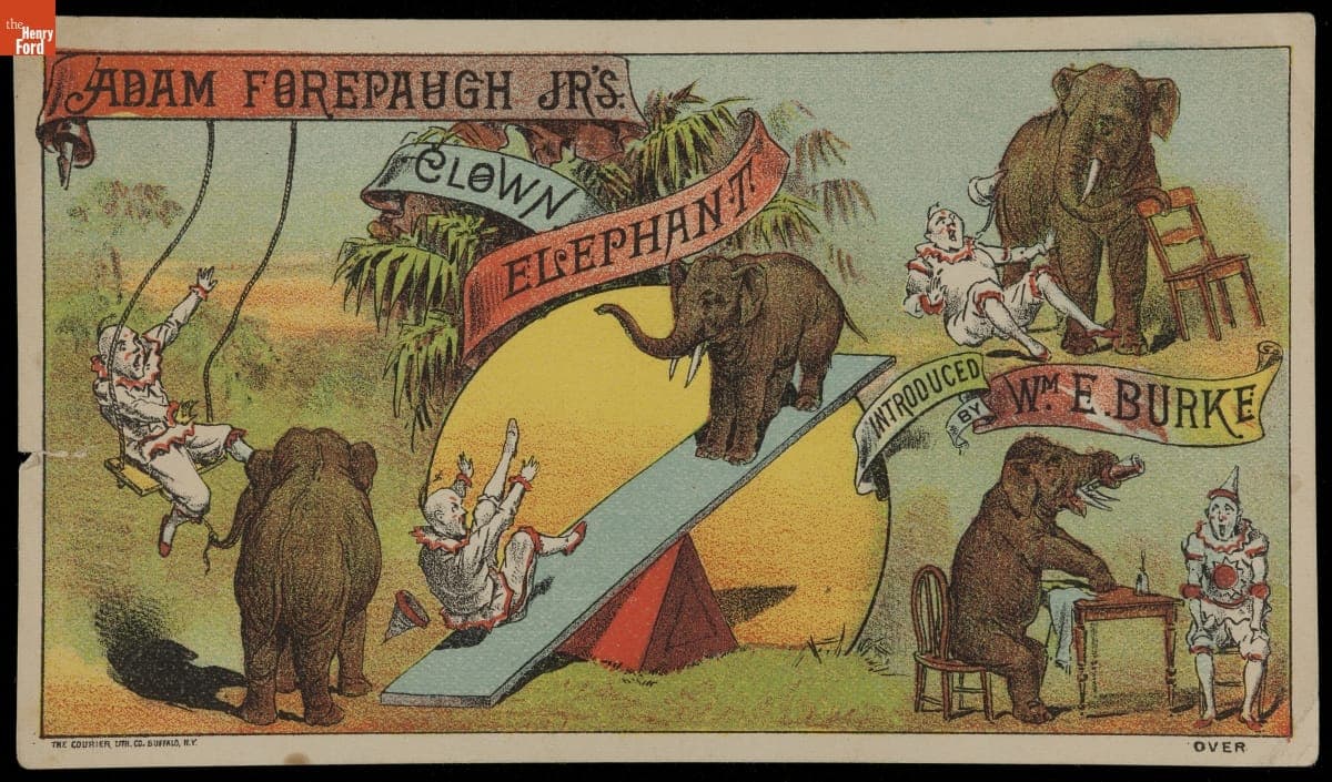 Trade Card for Adam Forepaugh & Sells Bros. Circus, "Clown Elephant," 1870-1890
