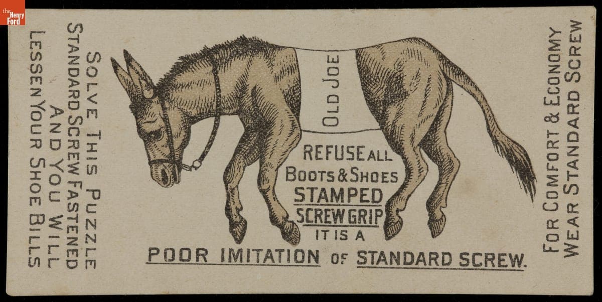 Trade Card for Standard Screw-Fastened Boots & Shoes, American Co-Operative Boot & Shoe Co., circa 1886