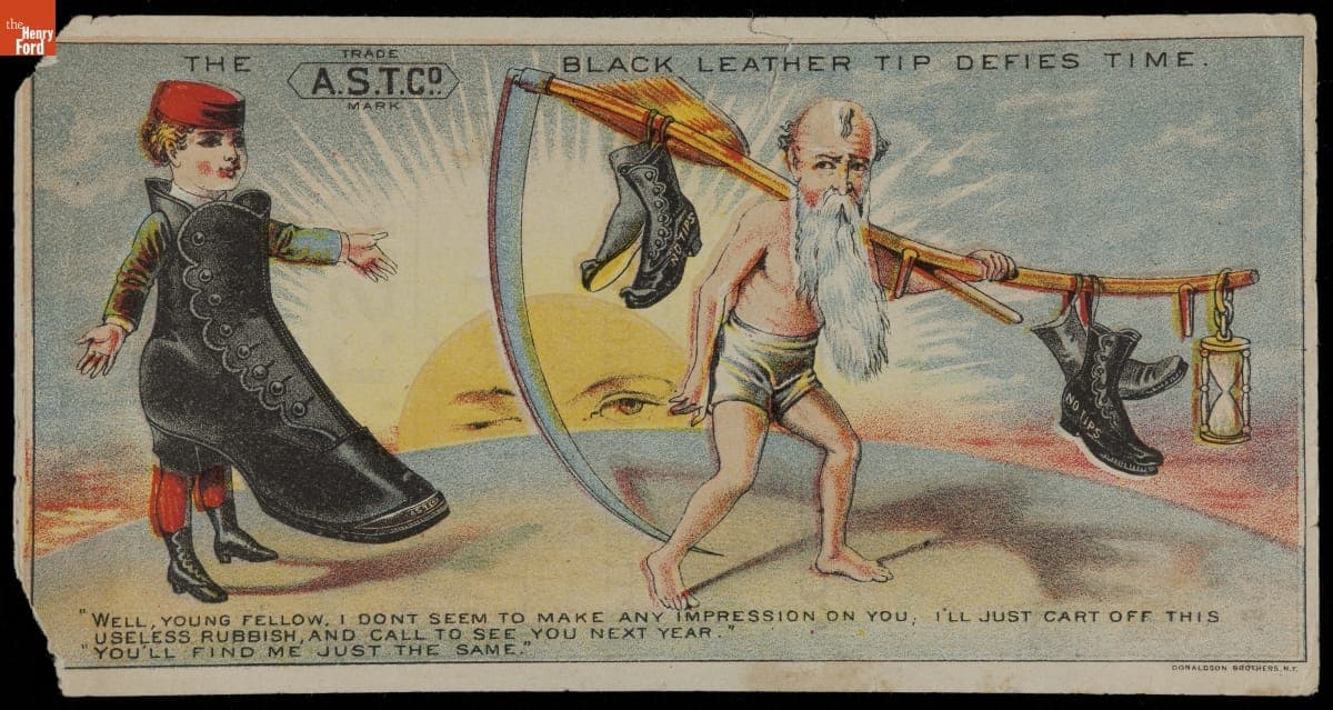 Trade Card for American Shoe Tip Company, "Black Leather Tips Defy Time," circa 1875