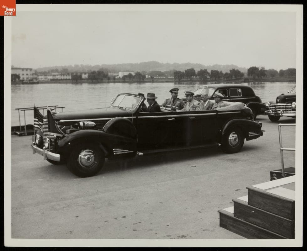 President Harry S. Truman and Military Officials in 1939 Lincoln Presidential Limousine, circa 1949