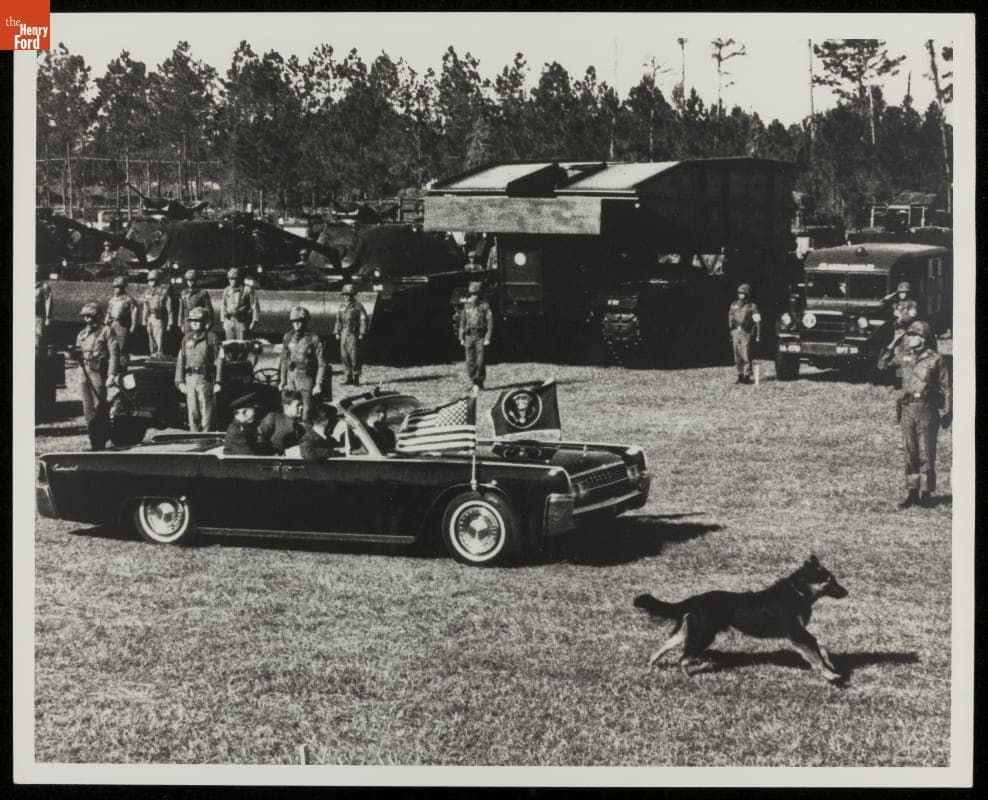 President Kennedy in a 1961 Lincoln Continental Limousine, Touring Army Base, circa 1962
