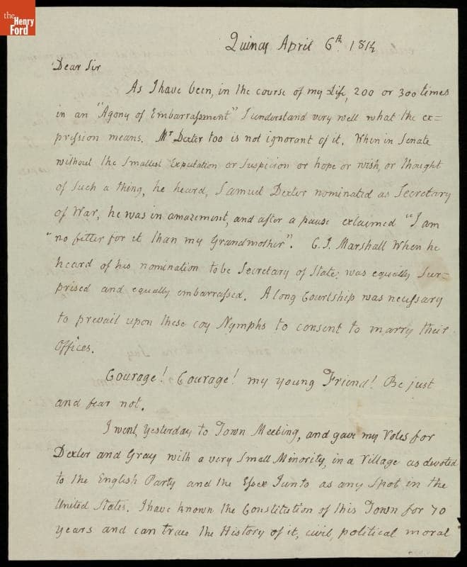 Letter from John Adams Endorsing Richard Rush for Attorney-General of the United States, 1814