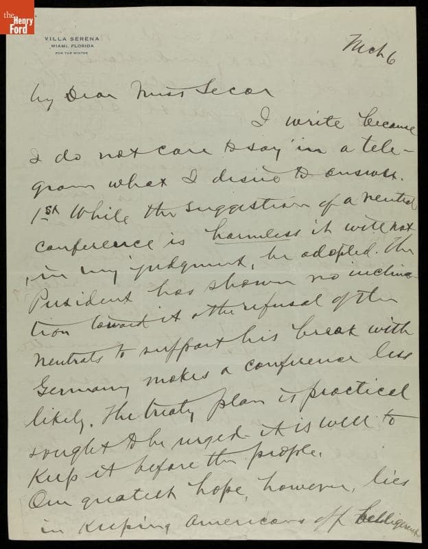 Letter from William Jennings Bryan to Lella Secor Florence, 1917