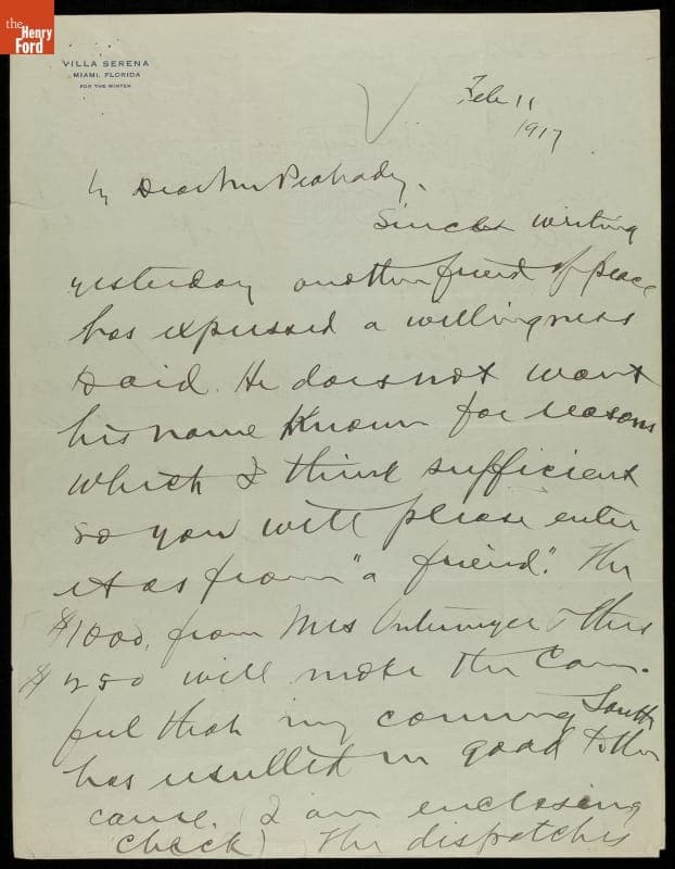 Letter from William Jennings Bryan to George Foster Peabody, 1917