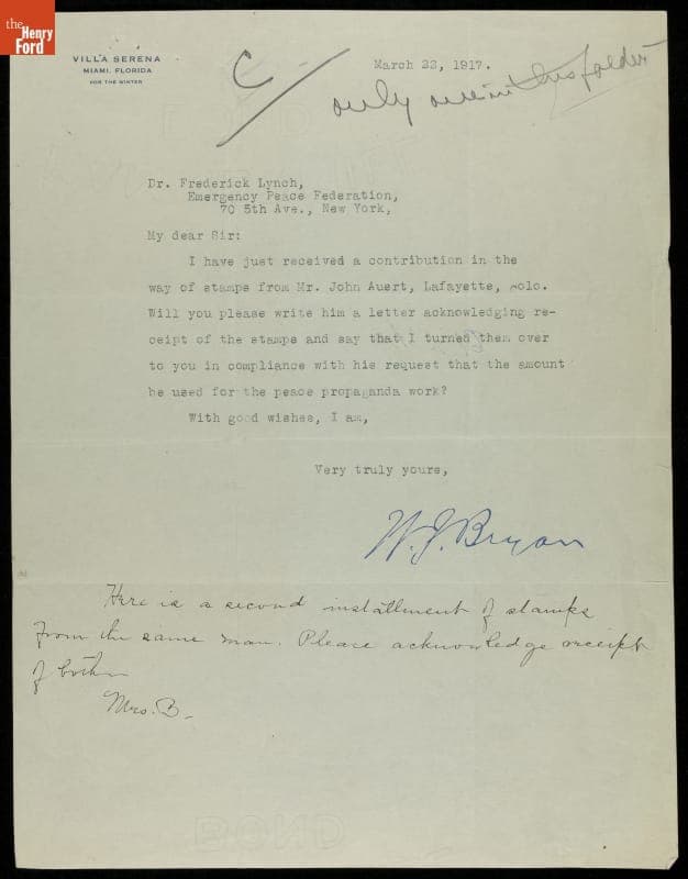 Letter from William Jennings Bryan to Dr. Frederick Lynch, 1917