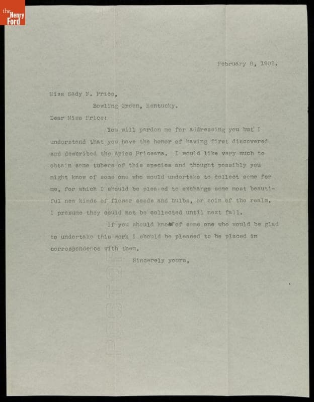 Letter from Luther Burbank to Sadie F. Price, 1909