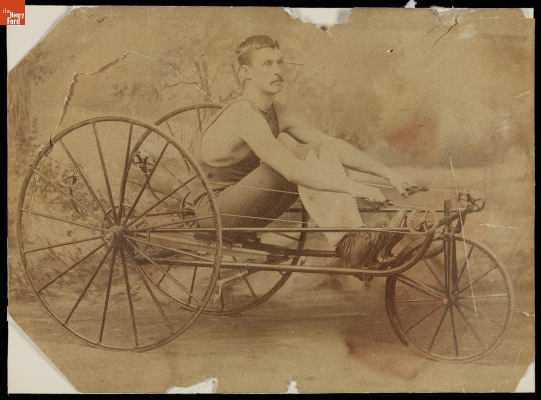 Man Seated on a Rowing Tricycle, circa 1885