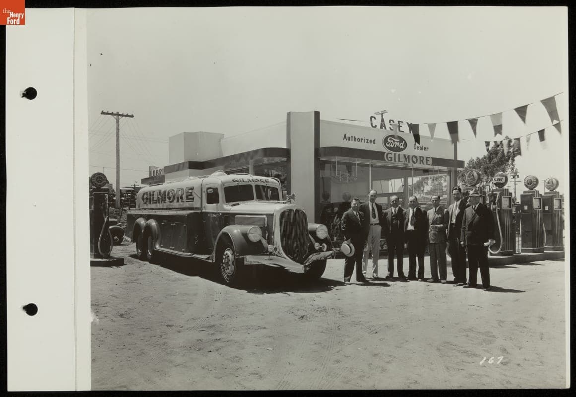 Men with Gilmore Oil Company Truck in Front of Casey's Master Service Station, California Pacific International Exposition, San Diego, 1935