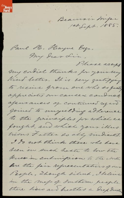 Letter from Jefferson Davis to Paul Hamilton Hayne, 1885