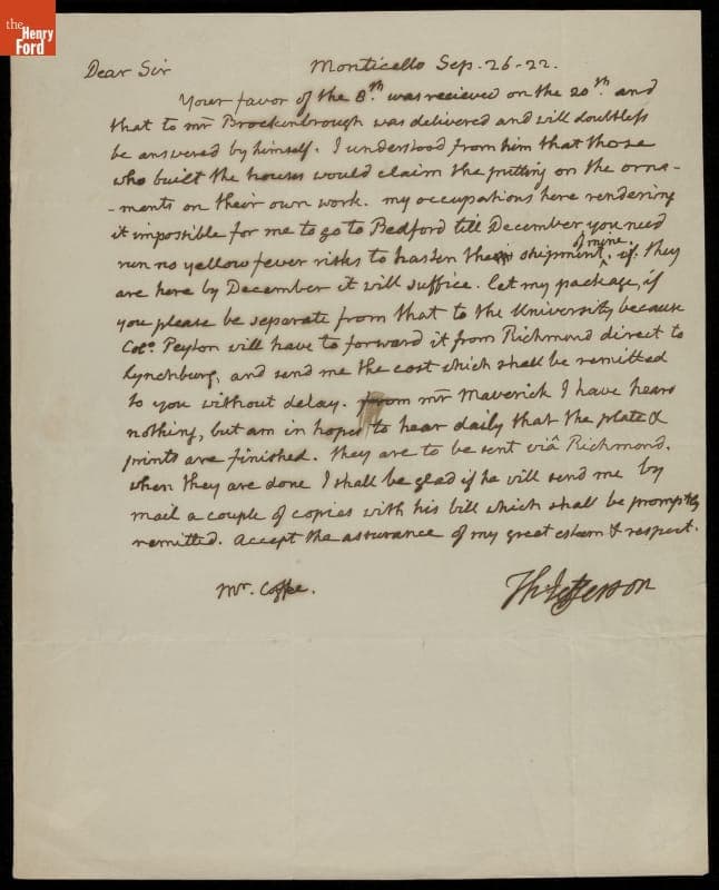 Letter from Thomas Jefferson to William Coffee, 1822