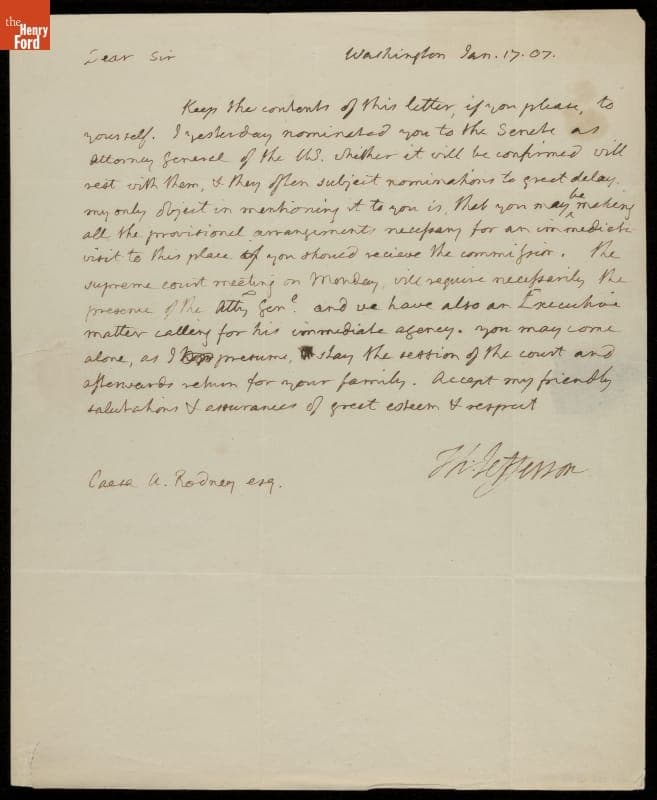 Letter from Thomas Jefferson to Caesar A. Rodney, 1807