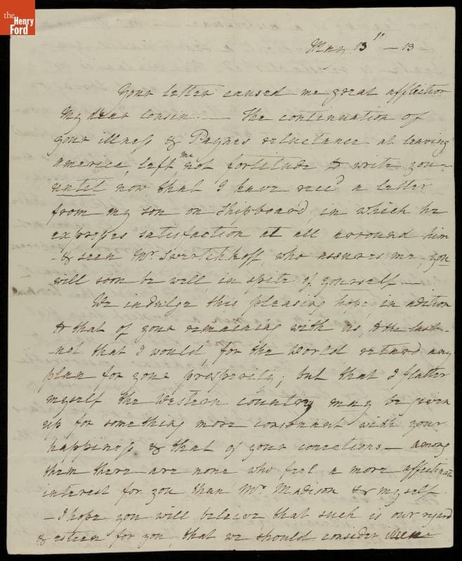 Letter from Dolley Payne Madison to her Cousin, Edward Coles, 1813