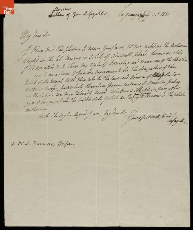 Letter from Marquis de Lafayette to James Fenimore Cooper, 1831