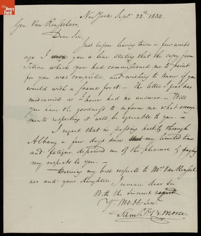 Letter from Samuel Finley Breese Morse to Stephen Van Rensselaer, 1834
