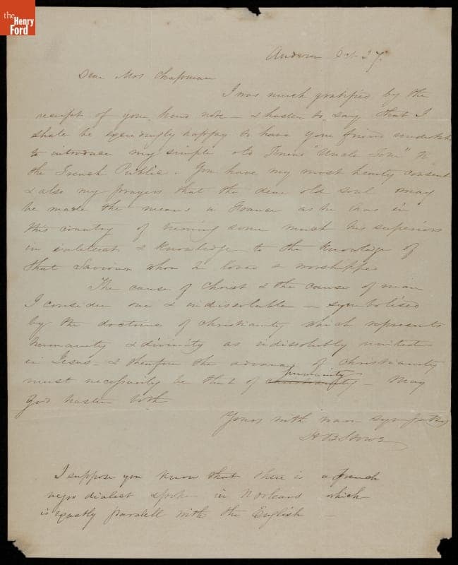 Letter from Harriet Beecher Stowe to M. W. Chapman, 1862