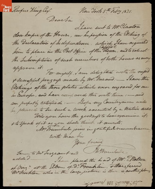 Letter from John Trumbull to Rufus King, New York, New York, 1821