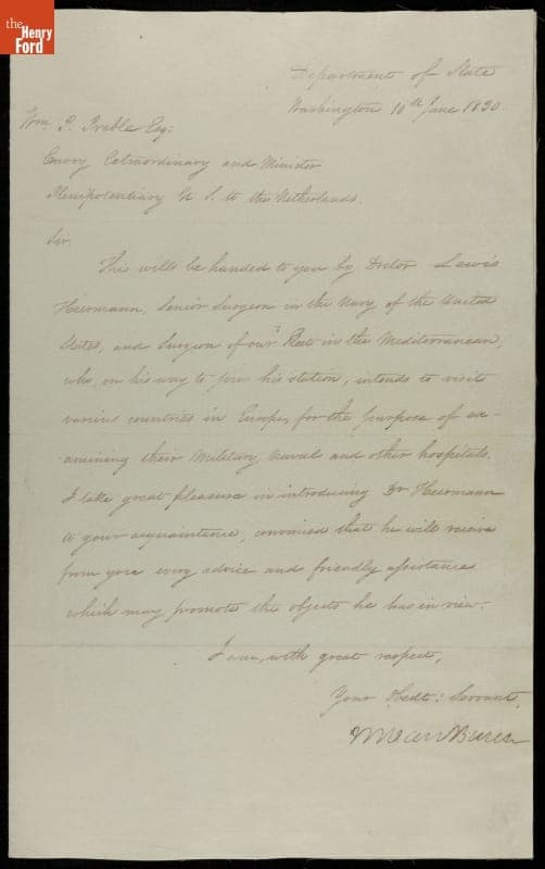 Letter from Martin Van Buren to William Pitt Preble, 1830