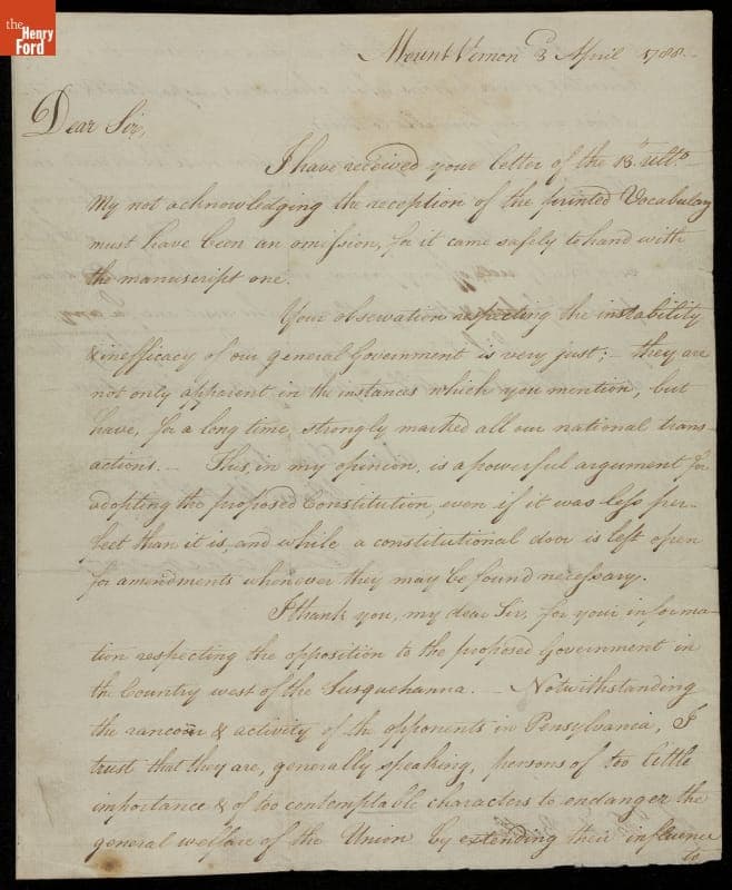 Letter from George Washington to General Richard Butler, 1788