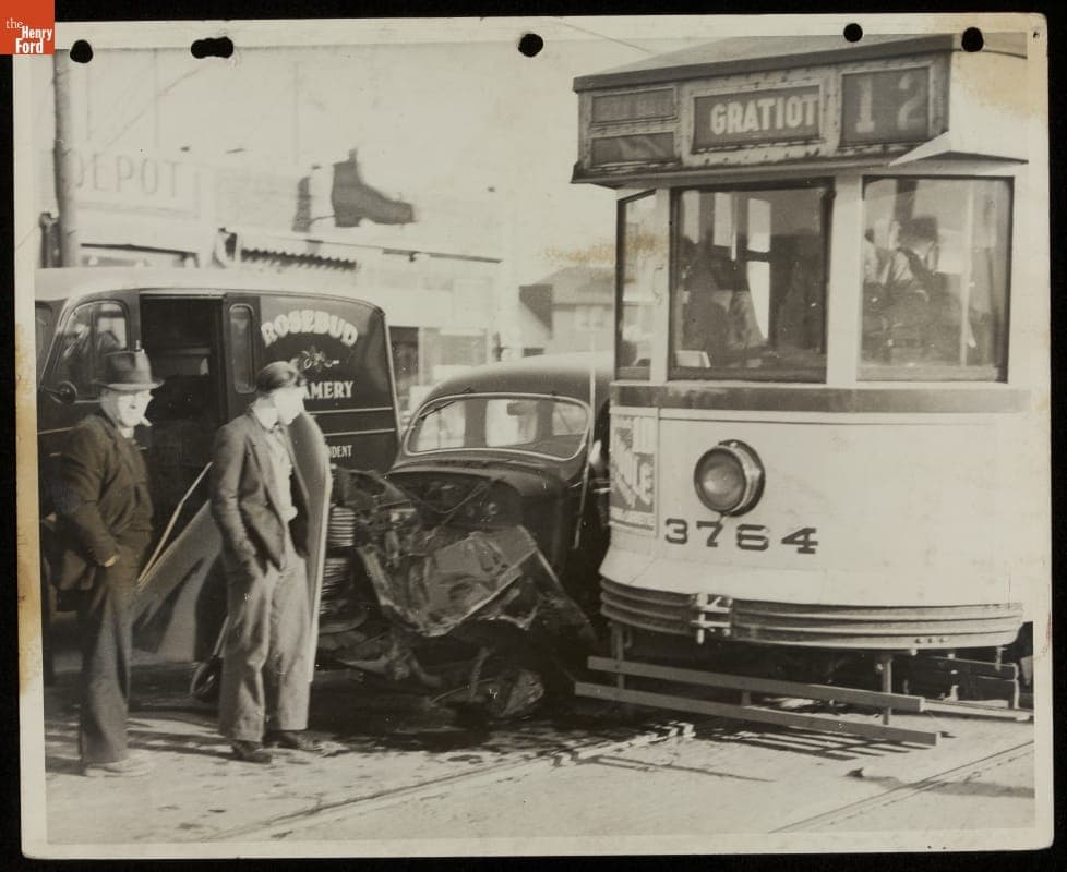 Traffic Accident Involving a Car, Dairy Truck, and Streetcar, Detroit, Michigan, 1930-1945
