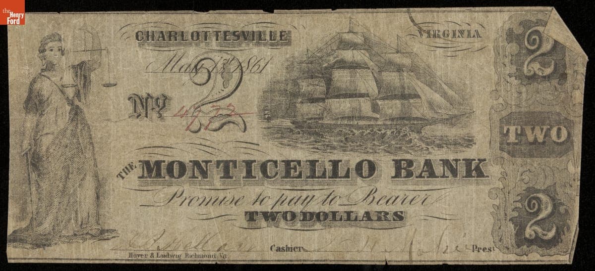 Confederate Currency, Monticello Bank, Two Dollars, 1861