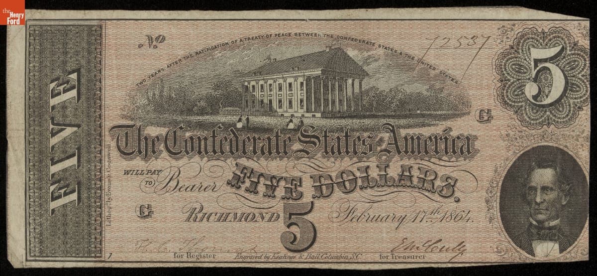 Confederate Currency, Confederate States of America, Five Dollars, 1864