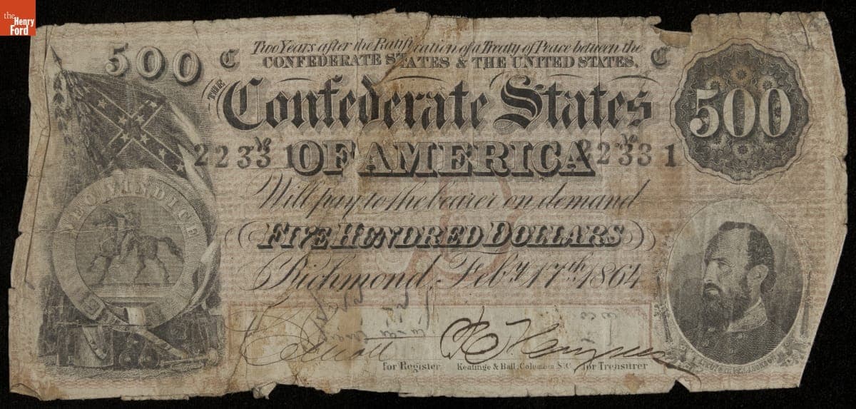 Confederate Currency, Confederate States of America, Five Hundred Dollars, 1864