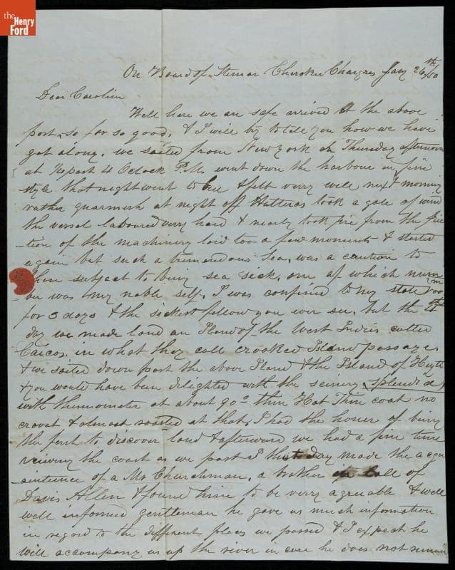 Letter by California Gold Rush Venturer Charles A. Wood, Written from Chagres Port, Panama, January 26, 1850