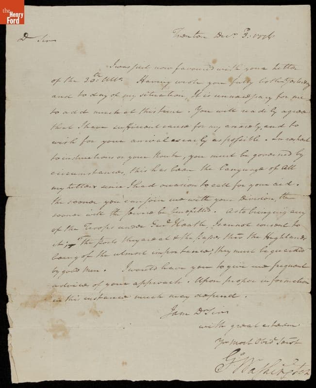Letter from George Washington to an Unidentified Correspondent, 1776