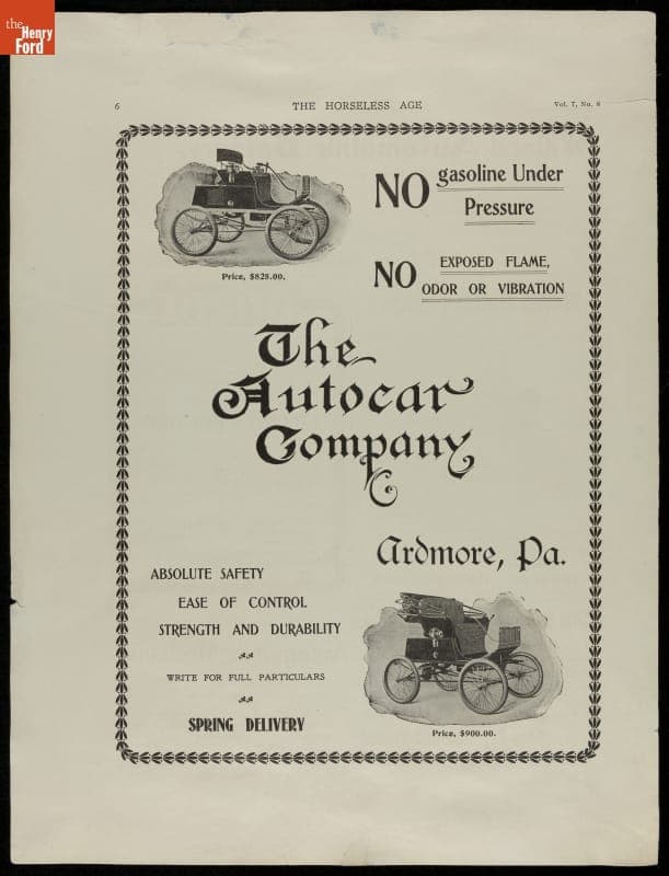 Advertisement for the 1901 Autocar, "No Gasoline Under Pressure...Absolute Safety"