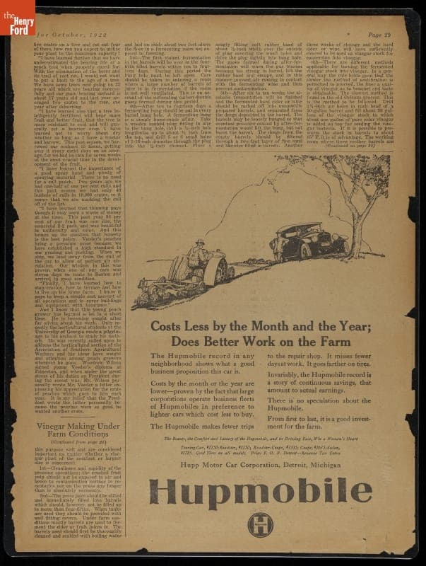Advertisement for Hupp Motor Car Corporation, "Hupmobile Costs Less by the Month and Year; Does Better Work on the Farm," 1922