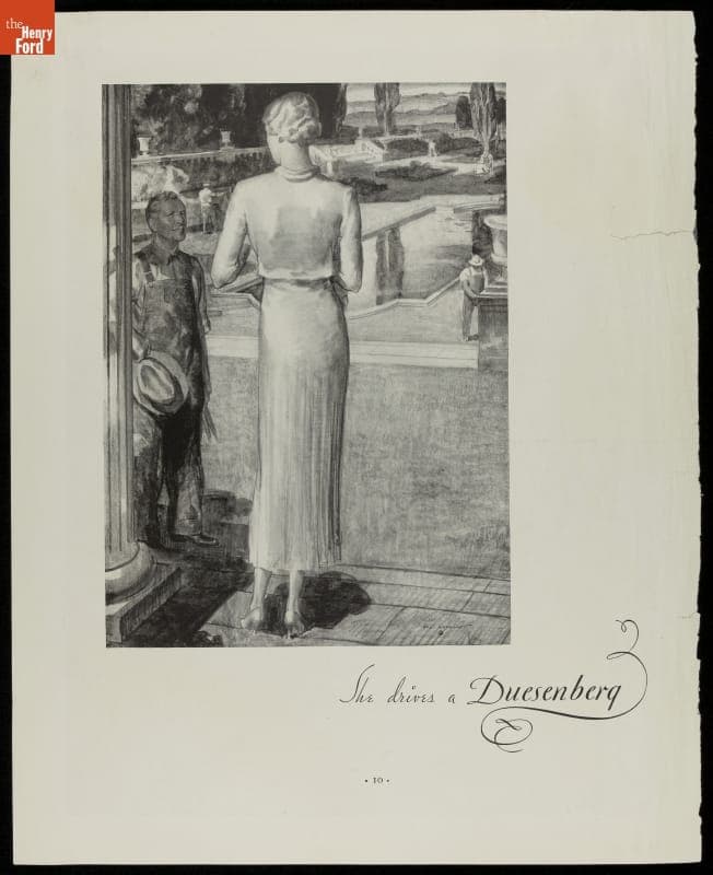 Advertisement for Duesenberg Automobile & Motors Company, "She Drives a Duesenberg," 1934