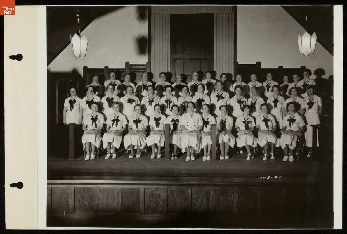 Hospitality Guides inside the Ford Exhibition Building, Century of Progress International Exposition, Chicago, Illinois, 1934