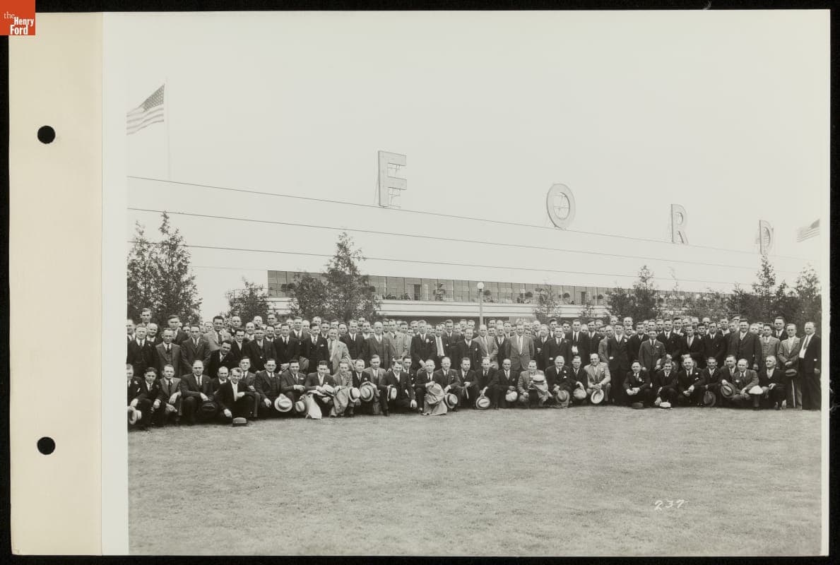 Group of Men outside the Ford Exhibition Building, Century of Progress International Exposition, Chicago, Illinois, 1934