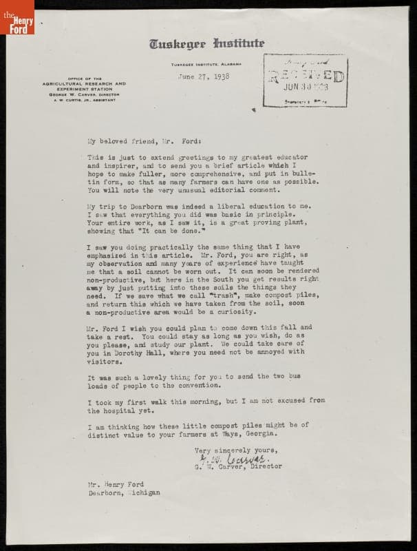 Letter from George Washington Carver to Henry Ford, June 27, 1938