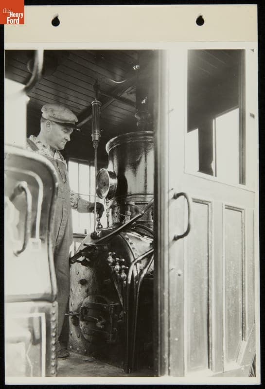Engineer inside Cab of the Pioneer 2-2-2 Locomotive at the Century of Progress International Exposition, Chicago, Illinois, 1934