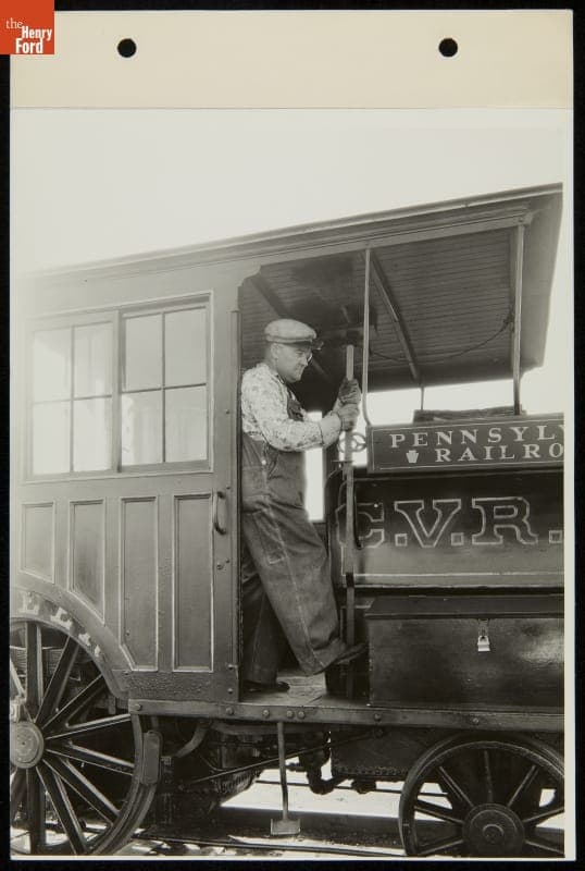 Engineer inside Cab of the Pioneer 2-2-2 Locomotive at the Century of Progress International Exposition, Chicago, Illinois, 1934