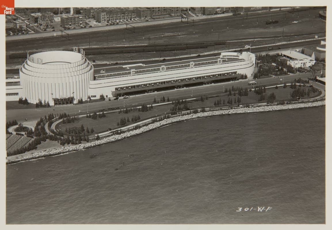 Aerial View of the Ford Rotunda and Exhibition Building, Century of Progress International Exposition, Chicago, Illinois, 1934