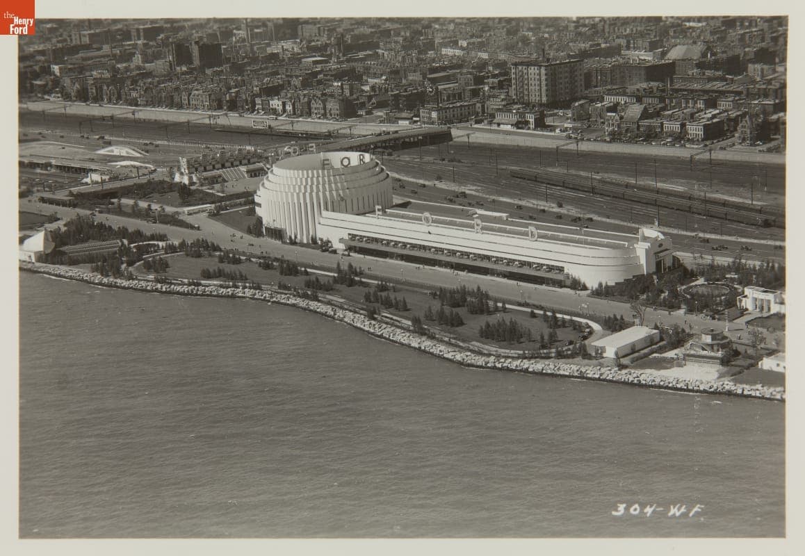 Aerial View of the Ford Rotunda and Exhibition Building, Century of Progress International Exposition, Chicago, Illinois, 1934