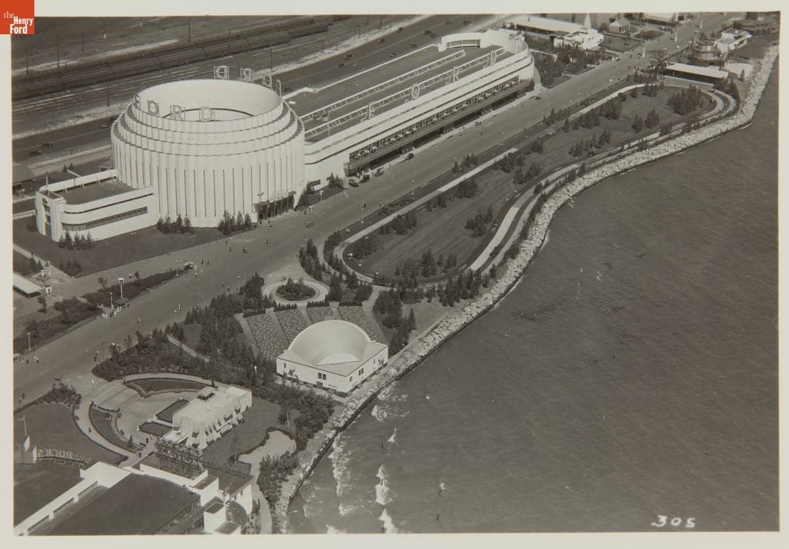 Aerial View of the Ford Exhibition Building and Symphony Gardens, Century of Progress International Exposition, Chicago, 1934