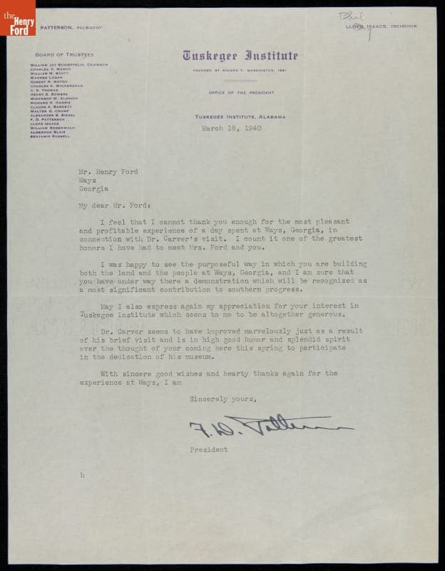 Letter from Frederick Douglass Patterson, President of Tuskegee Institute, to Henry Ford, March 18, 1940