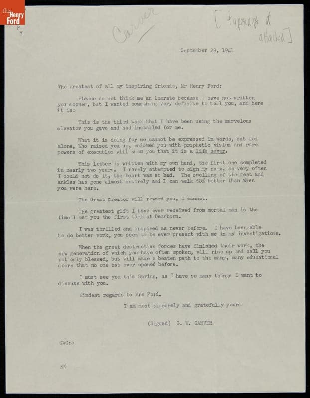 Letter from George Washington Carver to Henry Ford, September 29, 1941