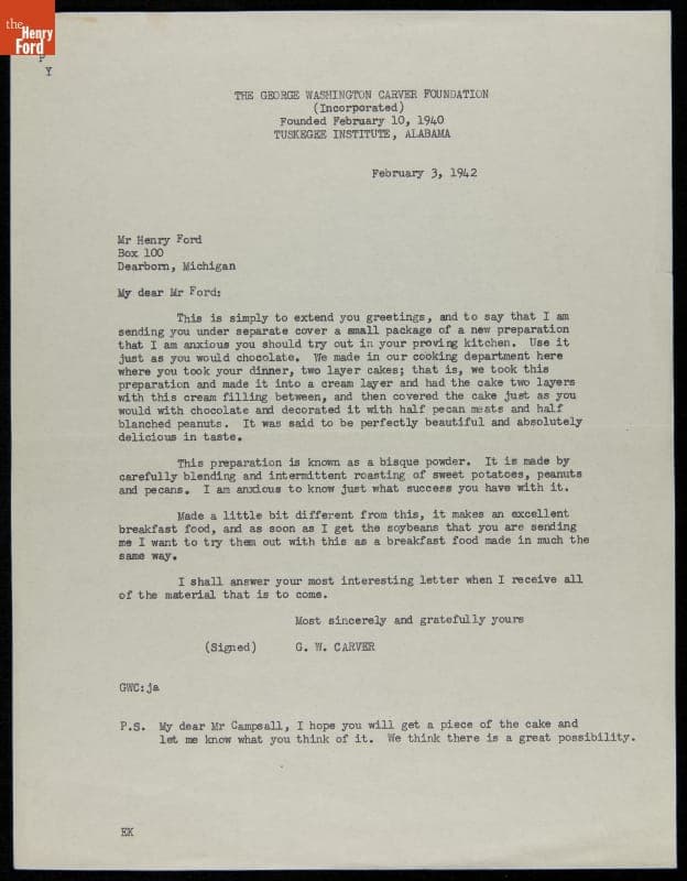 Letter from George Washington Carver to Henry Ford, February 3. 1942