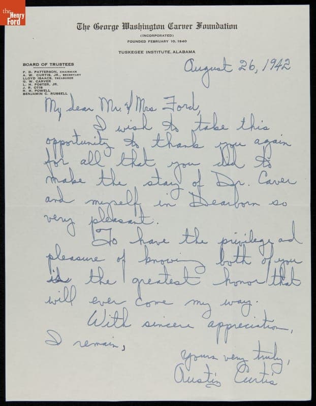 Letter from Austin Curtis, Jr. to Henry and Clara Ford, August 26, 1942
