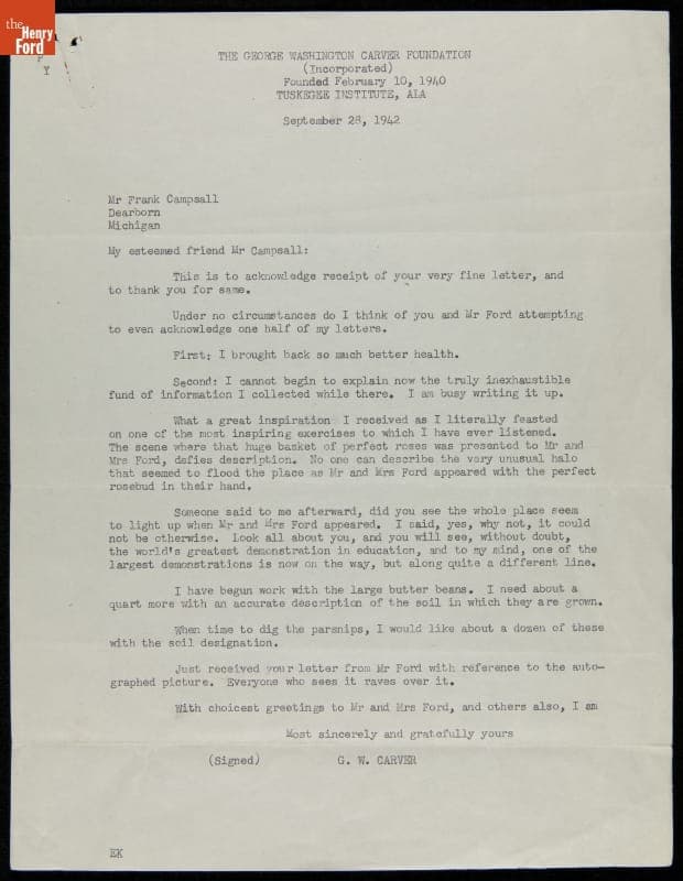 Letter from George Washington Carver to Frank Campsall, September 28, 1942