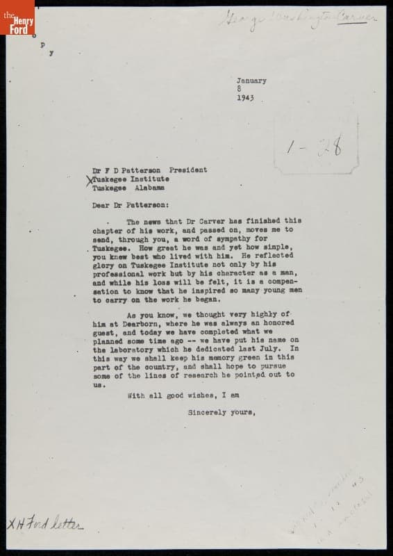 Letter from Henry Ford to Frederick Douglass Patterson, January 8, 1943