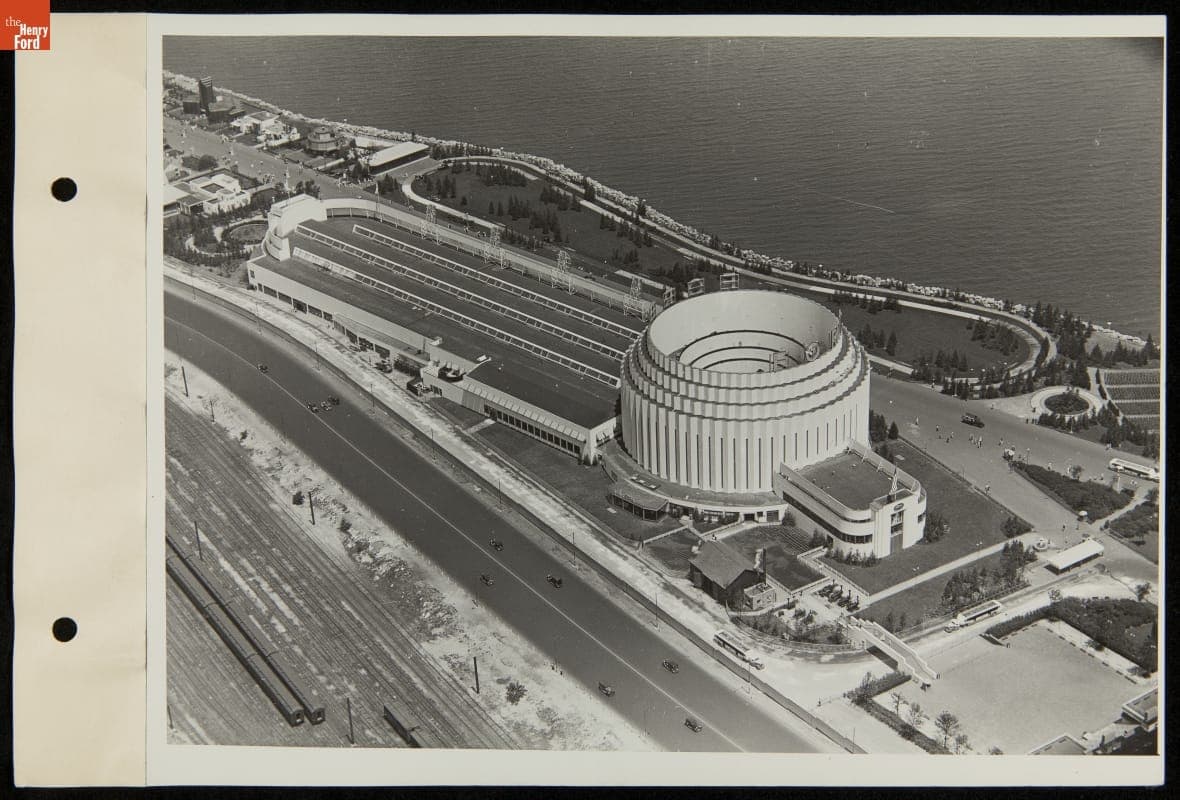 Aerial View of the Ford Exhibition Building, Century of Progress International Exposition, Chicago, Illinois, 1934