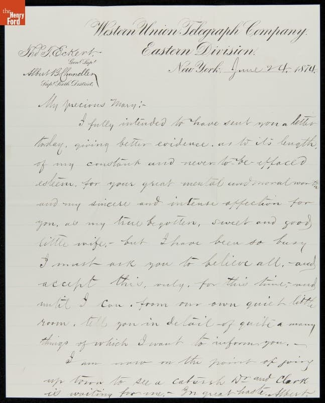 Letter from Albert B. Chandler to his Wife, Marilla Chandler, 1874