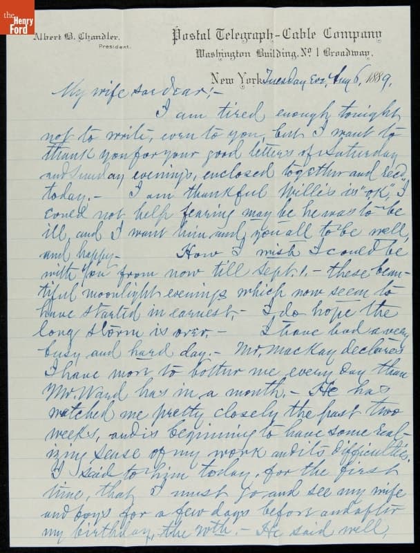 Letter from Albert B. Chandler to his Wife, Marilla, 1889