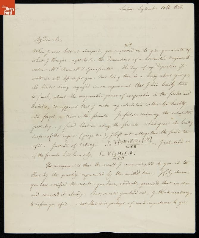 Letter from F.M. Guyonneau De Pambour to John Dixon, 1836